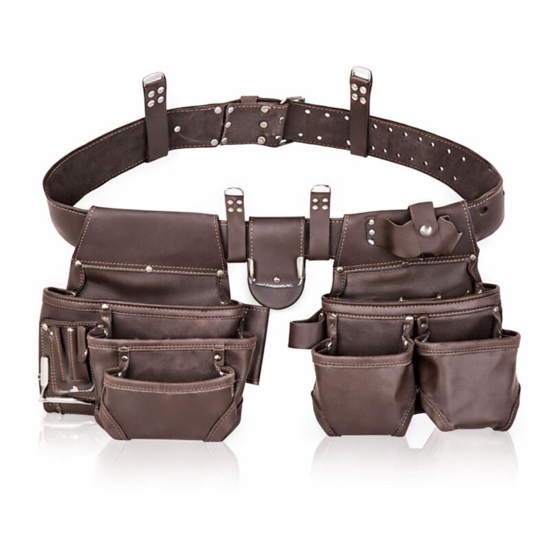 Classic leather tool belt with multiple pockets, heavy-duty professional work belt for carpenters, electricians, and construction use