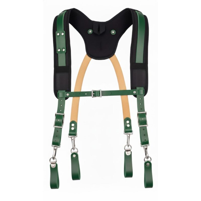 green full grain leather padded tool suspenders