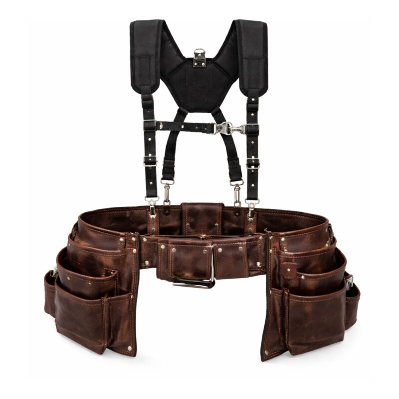 Genuine leather tool belt with suspenders, heavy-duty work rig with multiple pockets for carpenters, electricians, and construction professionals