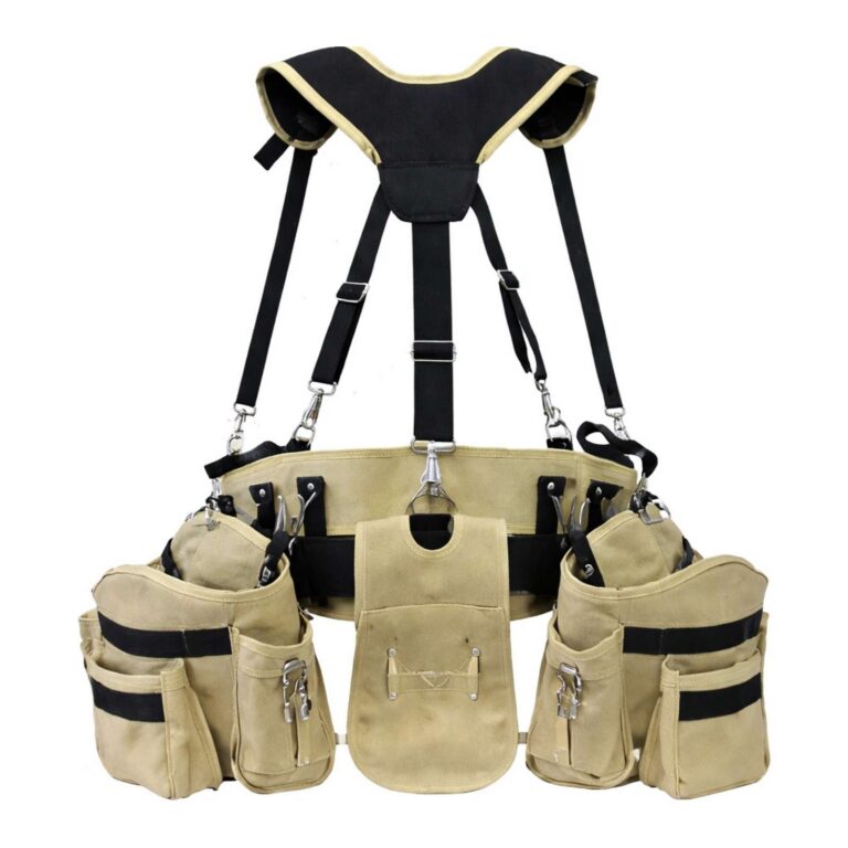 Desert tan heavy duty contractor tool belt system with suspenders and multiple tool pouches for carpenters electricians and construction workers