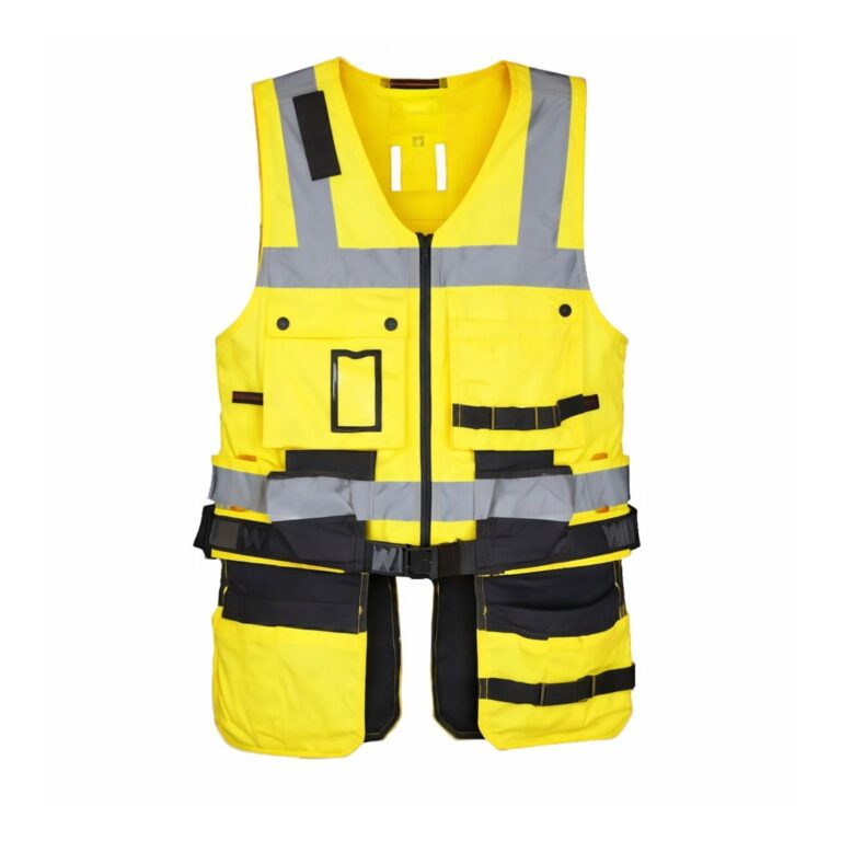 High visibility yellow safety utility vest with reflective strips and multiple tool pockets designed for construction workers and contractors.